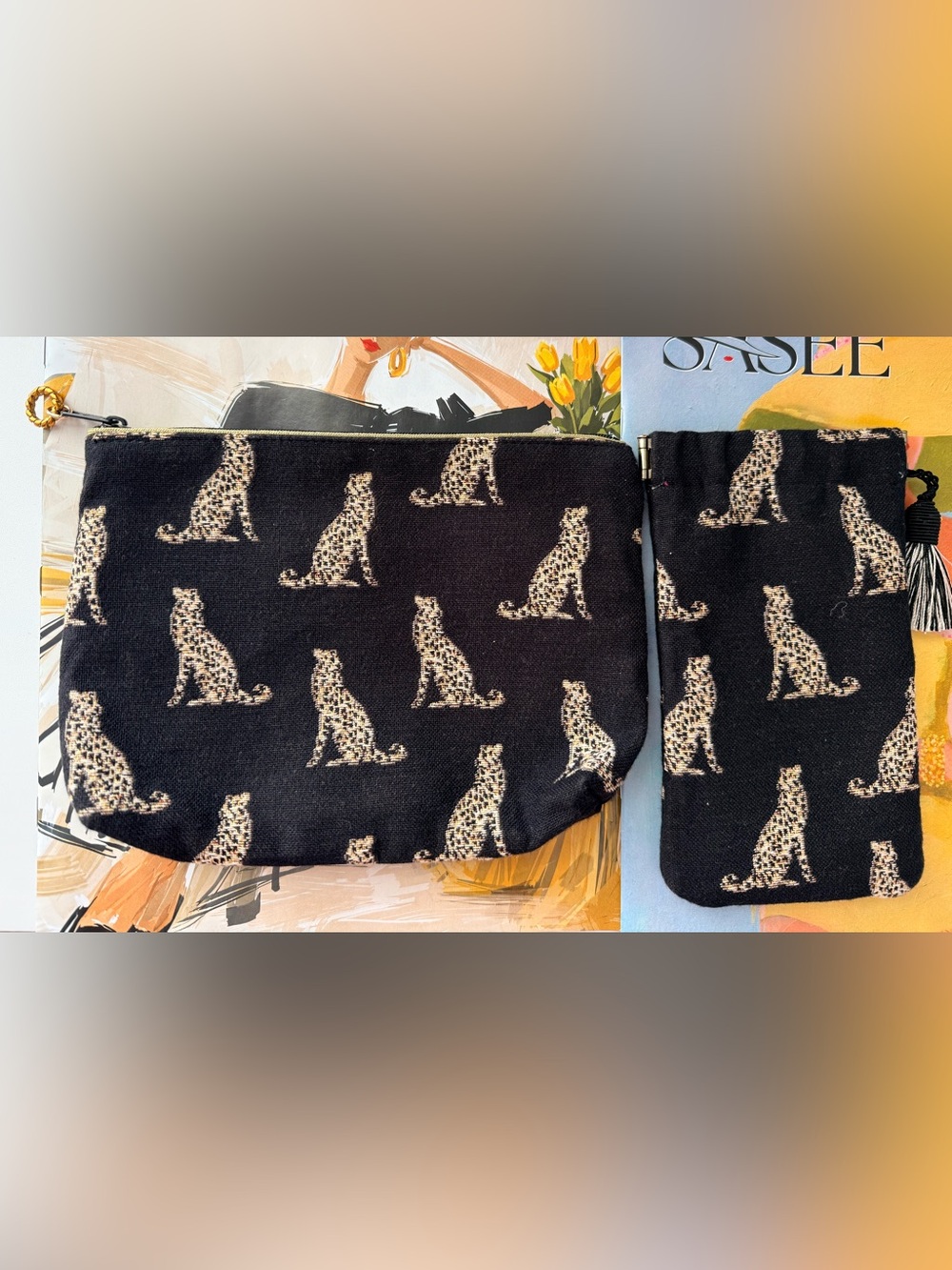 Belle Branchee Black Leopard Print Cosmetic Pouch Set